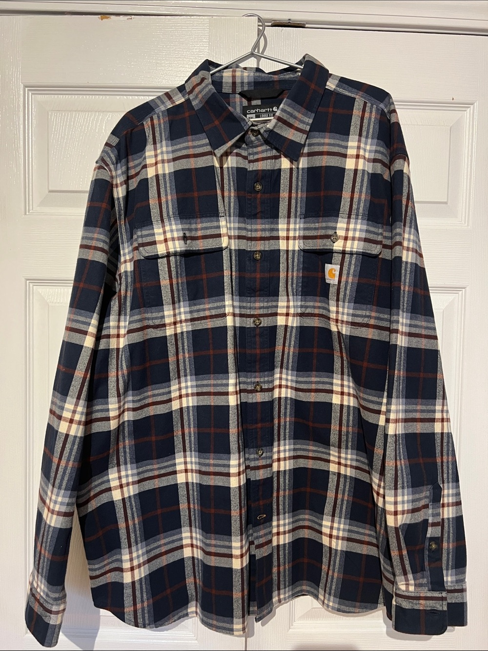 Carhartt Men’s Navy, White & Brown Plaid Button-Down Shirt Loose Fit